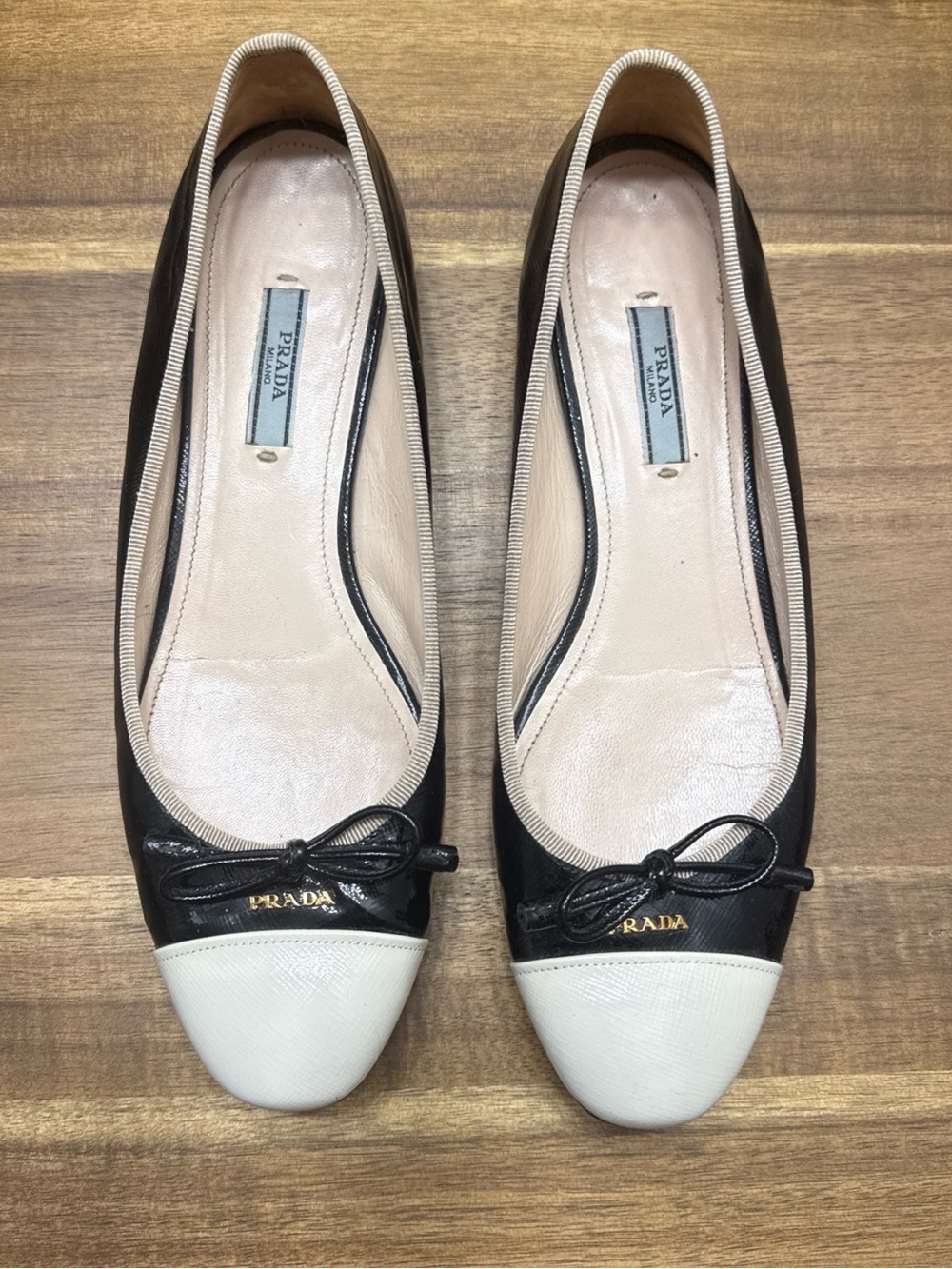 Prada Black and Cream Cap-Toe Ballet Flats
